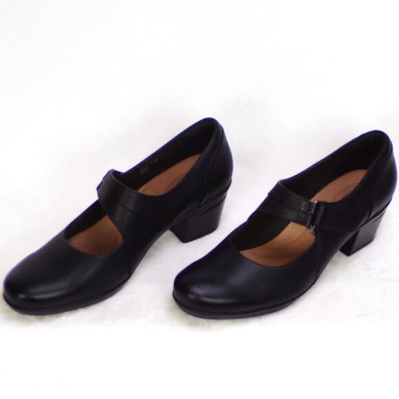 CLARKS COLLECTION size 9.5M black mid-heel Mary-Jane pumps cushioned insoles - Picture 2 of 14